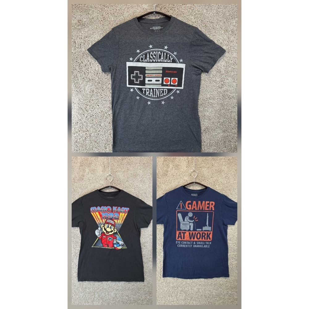 Lot of 3 T-Shirt Men's Medium Black Blue Gamer Prints Casual Short Sleeve Tee‎